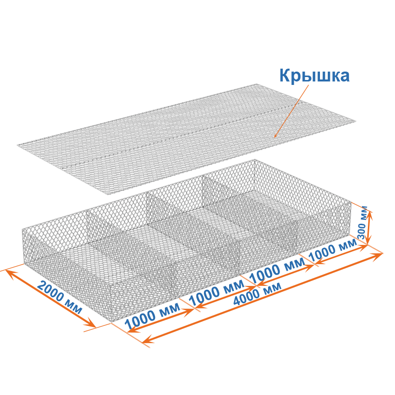 Габион матрац ГСИ-М 4х2х0,3 оцинкованный / ЦП, Ø проволоки 2,4/3,4 мм, размер ячейки 6х8 см фото