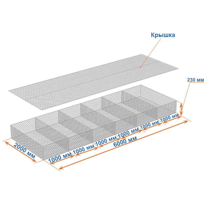 Габион матрац ГСИ-М 6х2х0,23 оцинкованный, Ø проволоки 2,4 мм, размер ячейки 6х8 см фото
