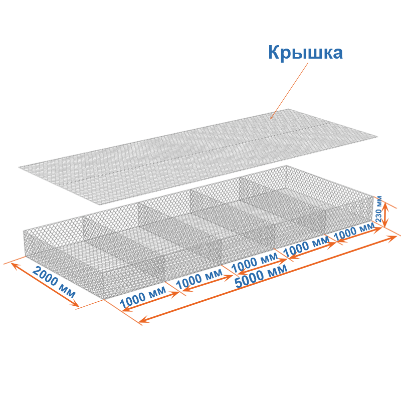 Габион матрац ГСИ-М 5х2х0,23 оцинкованный / ЦП, Ø проволоки 2,7/3,7 мм, размер ячейки 8х10 см фото