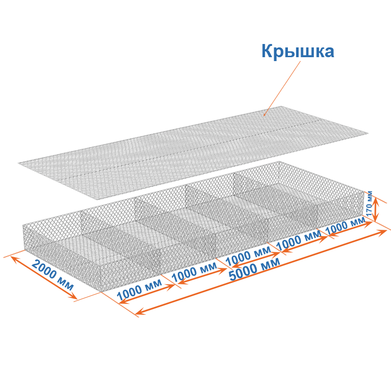 Габион матрац ГСИ-М 5х2х0,17 оцинкованный, Ø проволоки 3,0 мм, размер ячейки 8х10 см фото